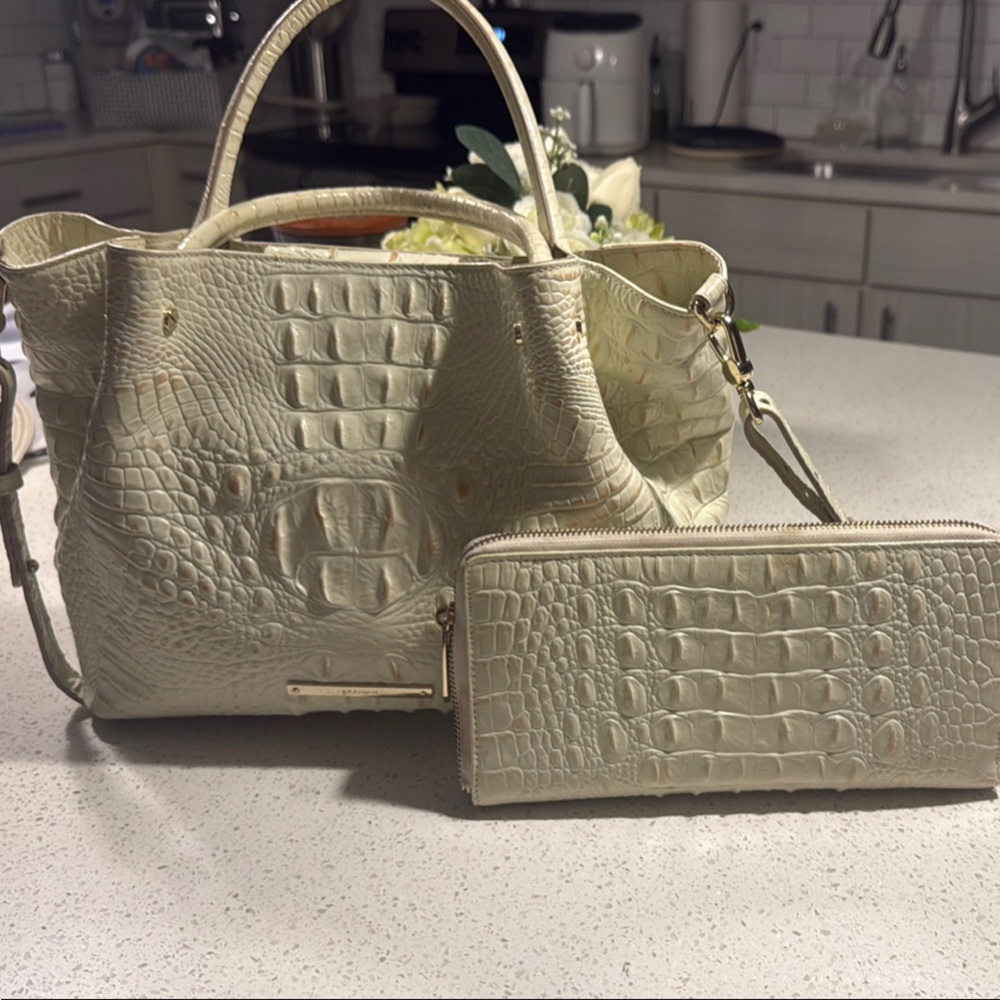 Brahmin Cream/gold Crocodile-Embossed Bag and XL travel wallet